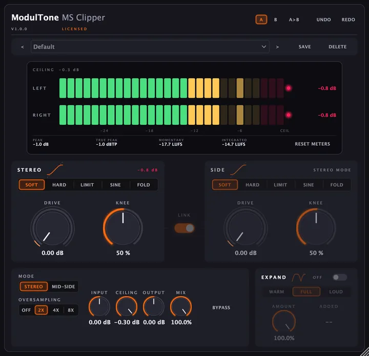 The MS Clipper interface — mid/side clipper plugin for macOS and Windows