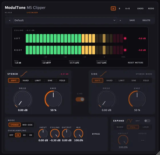 The MS Clipper interface — mid/side clipper plugin for macOS and Windows