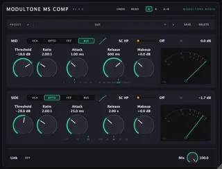 The MS Compressor interface — mid/side compressor plugin for macOS and Windows