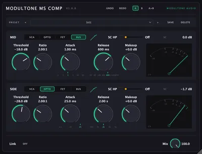 The MS Compressor interface — mid/side compressor plugin for macOS and Windows