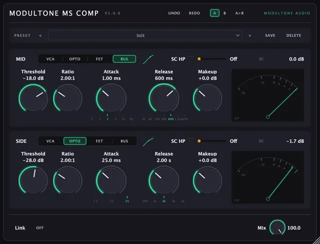 The MS Compressor interface — mid/side compressor plugin for macOS and Windows