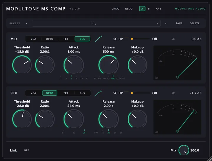 The MS Compressor interface — mid/side compressor plugin for macOS and Windows
