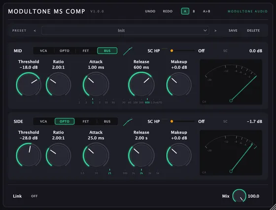 The MS Compressor interface — mid/side compressor plugin for macOS and Windows