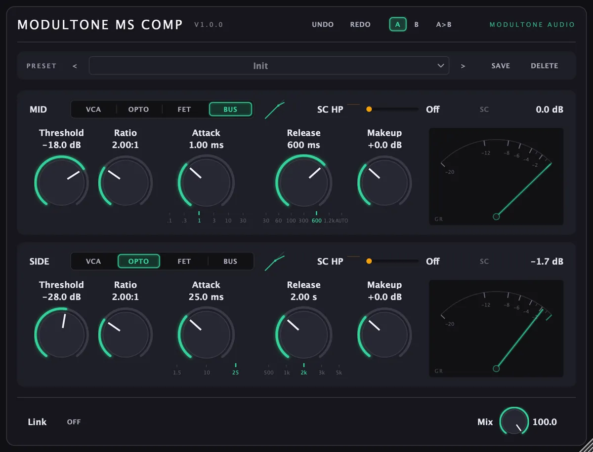 The MS Compressor interface — mid/side compressor plugin for macOS and Windows