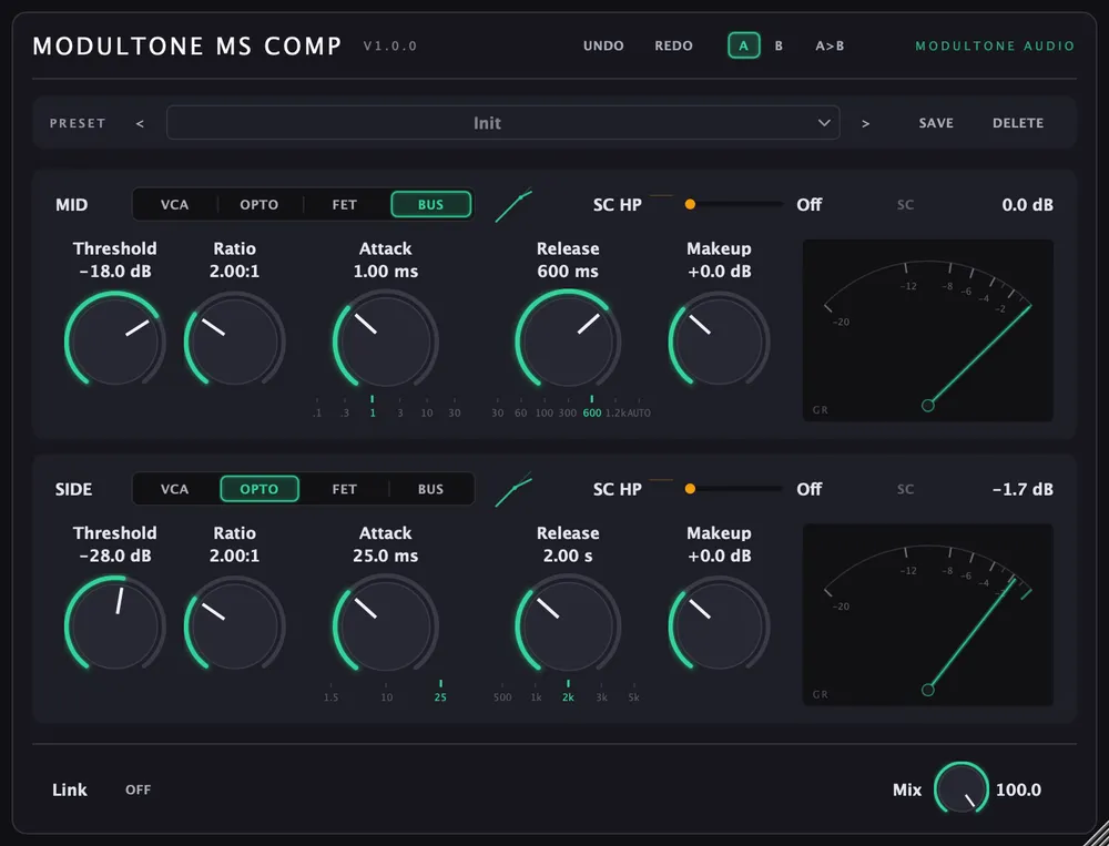 The MS Compressor interface — mid/side compressor plugin for macOS and Windows