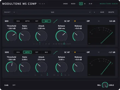 The MS Compressor interface — mid/side compressor plugin for macOS and Windows