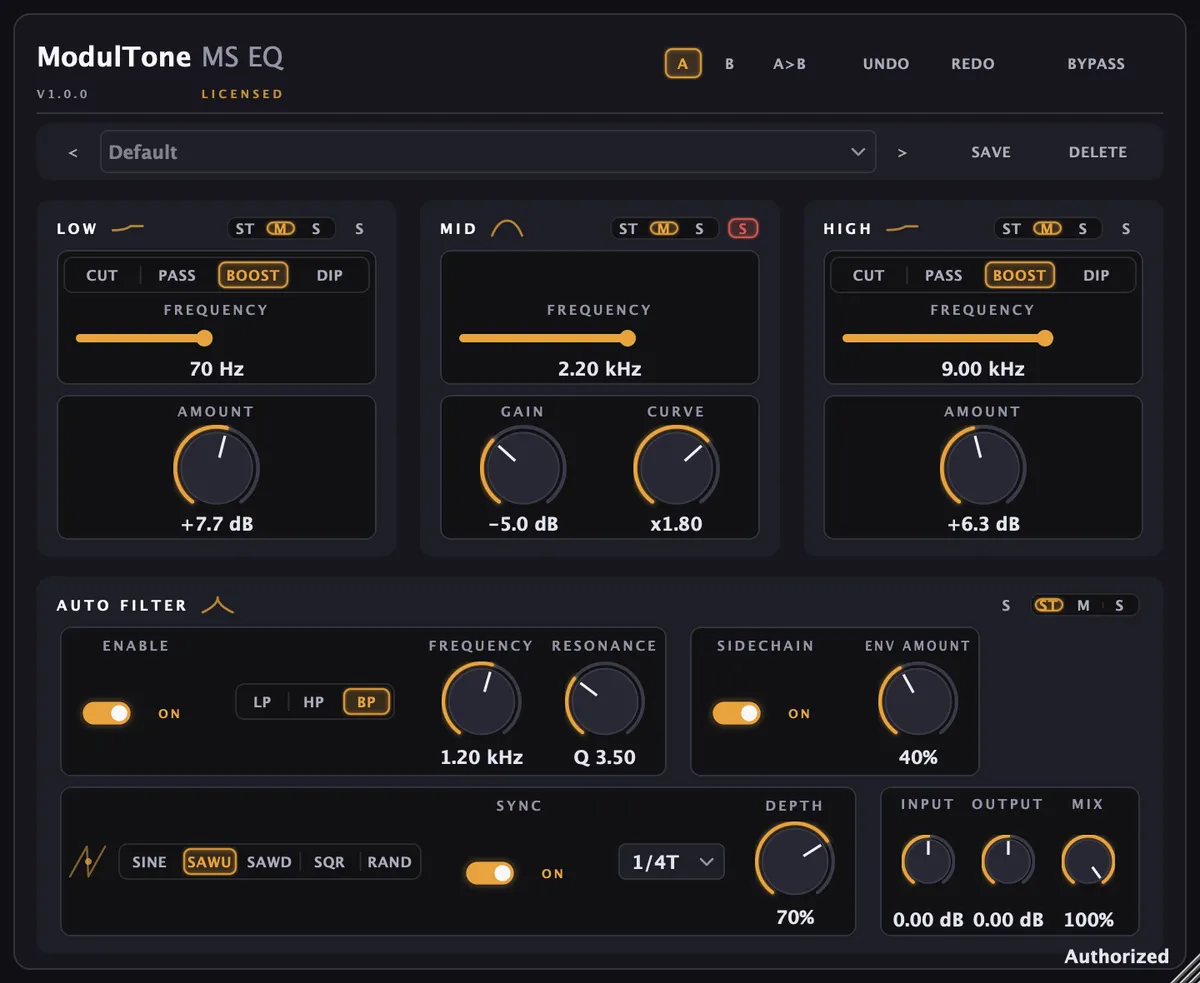 The MS EQ interface — mid/side character EQ plugin for macOS and Windows