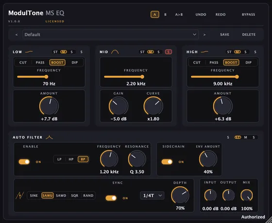 The MS EQ interface — mid/side character EQ plugin for macOS and Windows