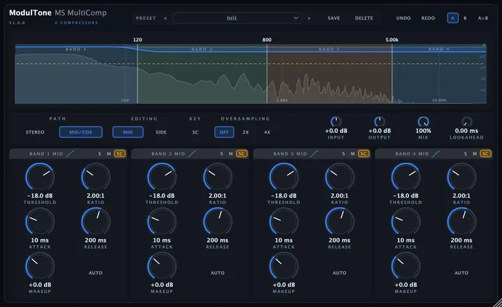 The MS MultiComp interface — multiband mid/side compressor plugin for macOS and Windows