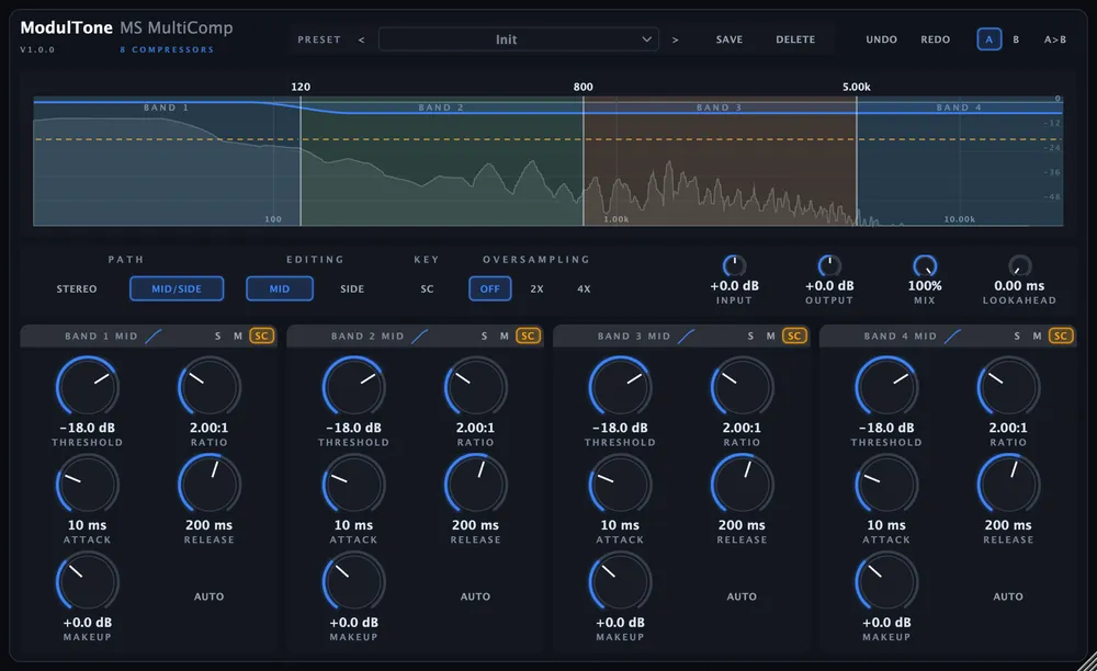The MS MultiComp interface — multiband mid/side compressor plugin for macOS and Windows