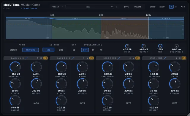 The MS MultiComp interface — multiband mid/side compressor plugin for macOS and Windows