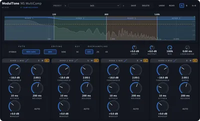 The MS MultiComp interface — multiband mid/side compressor plugin for macOS and Windows