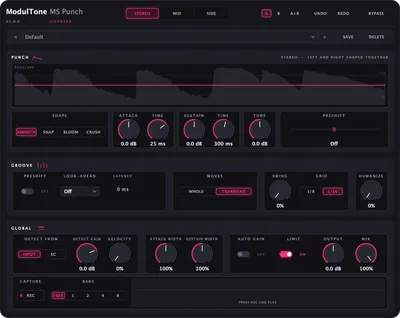 The MS Punch interface — mid/side transient shaper plugin for macOS and Windows