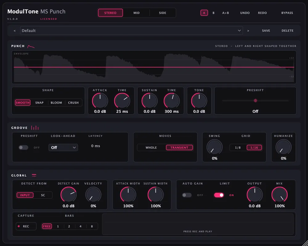 The MS Punch interface — mid/side transient shaper plugin for macOS and Windows