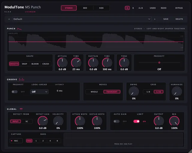 The MS Punch interface — mid/side transient shaper plugin for macOS and Windows