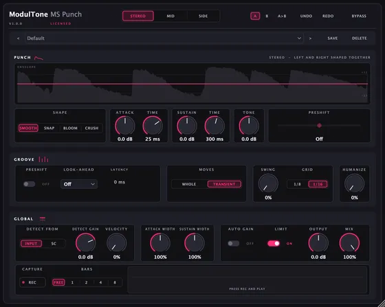 The MS Punch interface — mid/side transient shaper plugin for macOS and Windows
