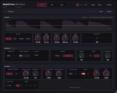 The MS Punch interface — mid/side transient shaper plugin for macOS and Windows