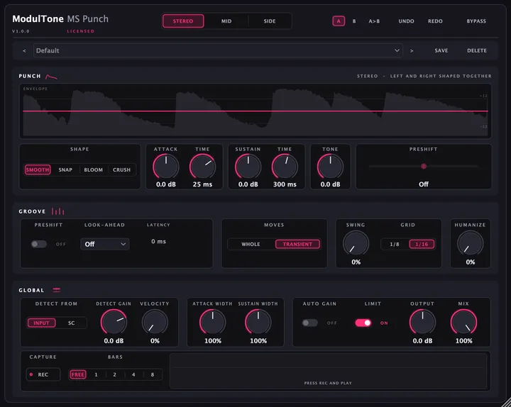 The MS Punch interface — mid/side transient shaper plugin for macOS and Windows