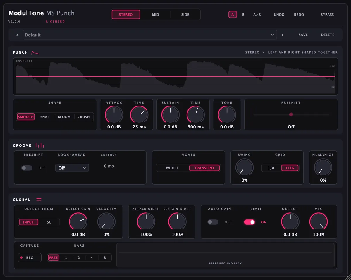 The MS Punch interface — mid/side transient shaper plugin for macOS and Windows