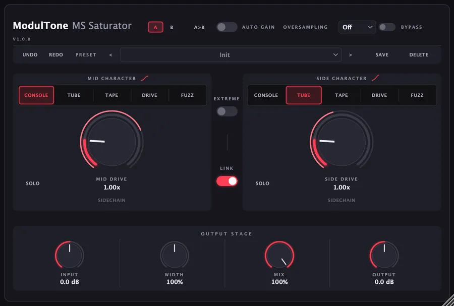 The MS Saturator interface — mid/side saturation plugin for macOS and Windows