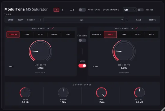 The MS Saturator interface — mid/side saturation plugin for macOS and Windows