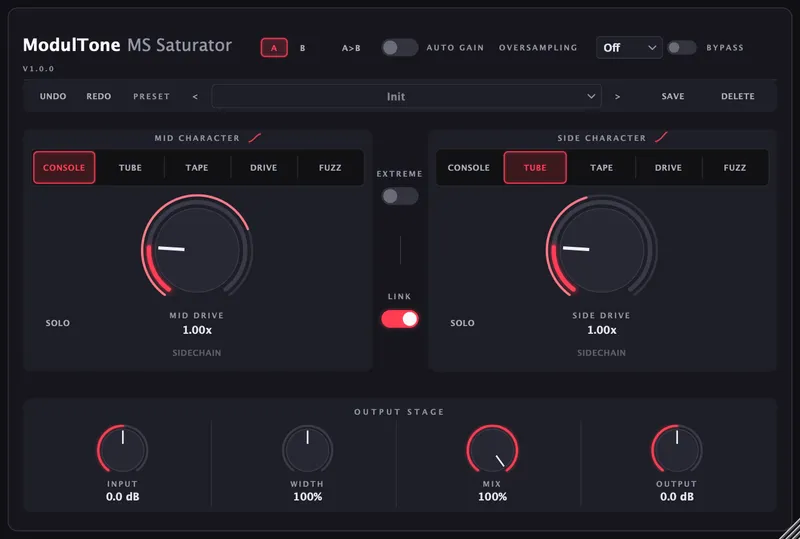 MS Saturator, the first plugin, running mid and side through separate character modes