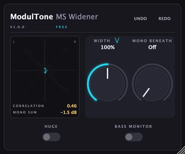 The MS Widener interface — free stereo widener plugin for macOS and Windows