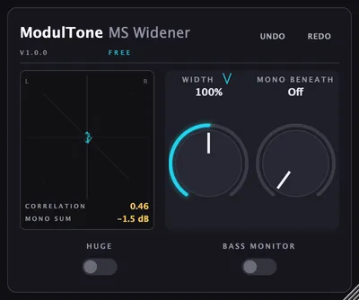 The MS Widener interface — free stereo widener plugin for macOS and Windows