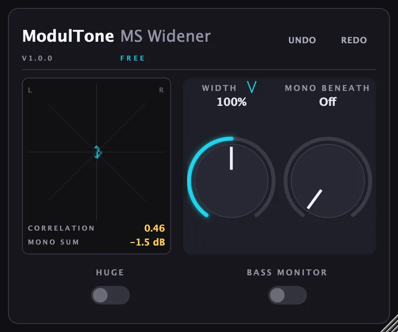 The MS Widener interface — free stereo widener plugin for macOS and Windows