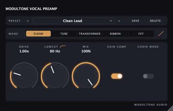 The Vocal Preamp interface — vocal preamp plugin for macOS and Windows