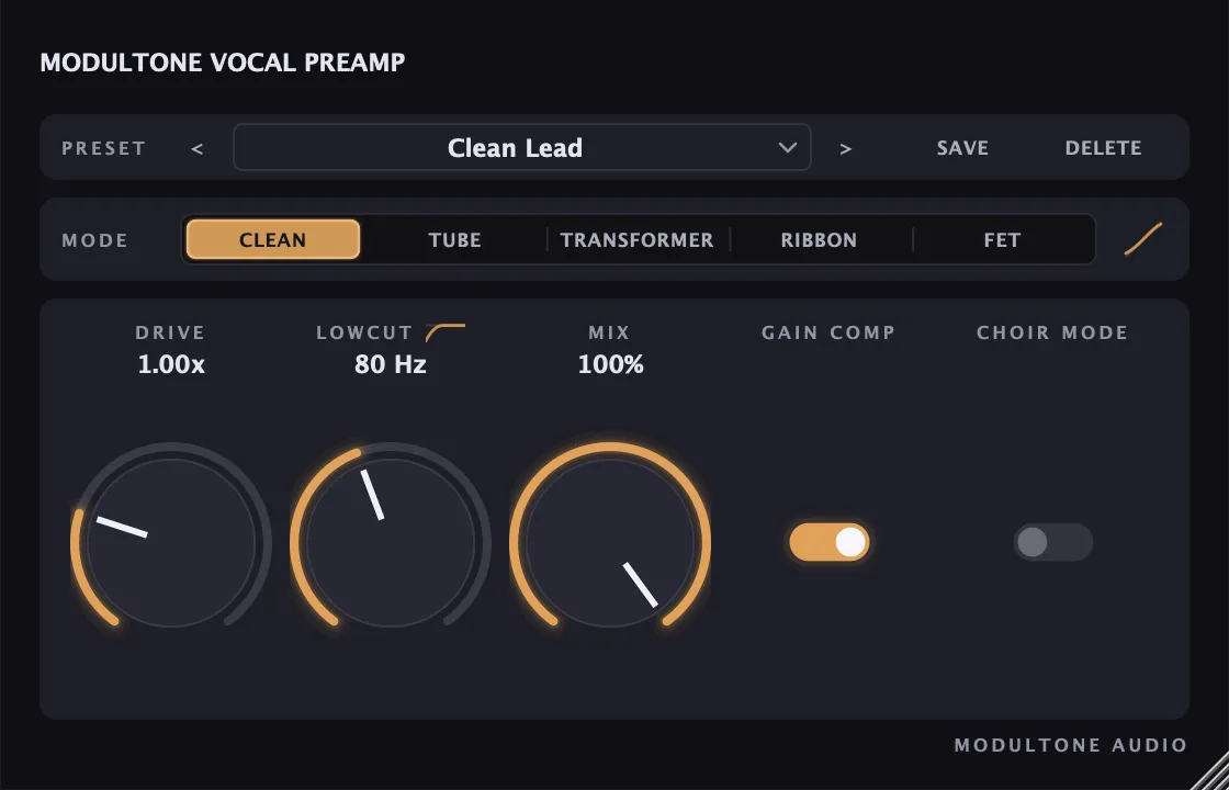 The Vocal Preamp interface — vocal preamp plugin for macOS and Windows